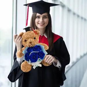 Graduation Bear Plush with Bouquet Set, 2026 Rose Flower Stuffed Bear Gift Class of 2026 Graduation Animal with Cap Artificial Box Greeting Card for Congrats Grad Gift