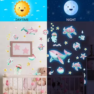 A set of three (20*30cm*3pcs) new dreamy whale marine life blue luminous stickers for bathroom, toilet, and bedroom decoration background blue light wall stickers (YCL7554-NL)