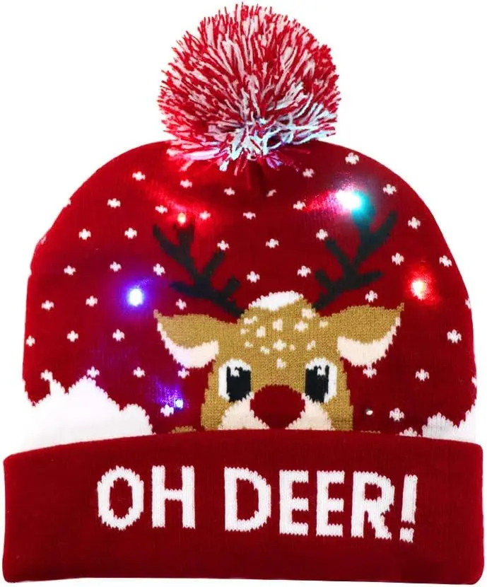 LED Christmas Hat, Light Up Christmas Hat Unisex Knitted Beanie Holiday Hat with  Printing for Party (Red/Blue)