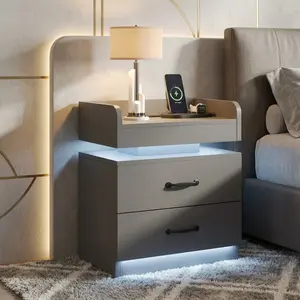 Modern Floating Nightstand with LED Lights & Charging Station, Bedside End Table with 2 Wooden Drawers, Multi-Functional Side Table in Black White Grey for Bedroom Home Use