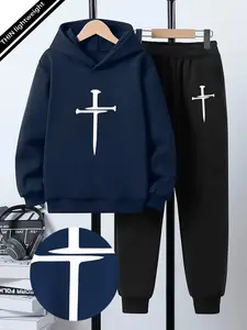 Boys' Spring & Fall Ootd Set, Fashionable Cross Element Hooded Sweatshirt Two-Piece Set, Youth Hoodie and Pants, Casual Sportswear Gift