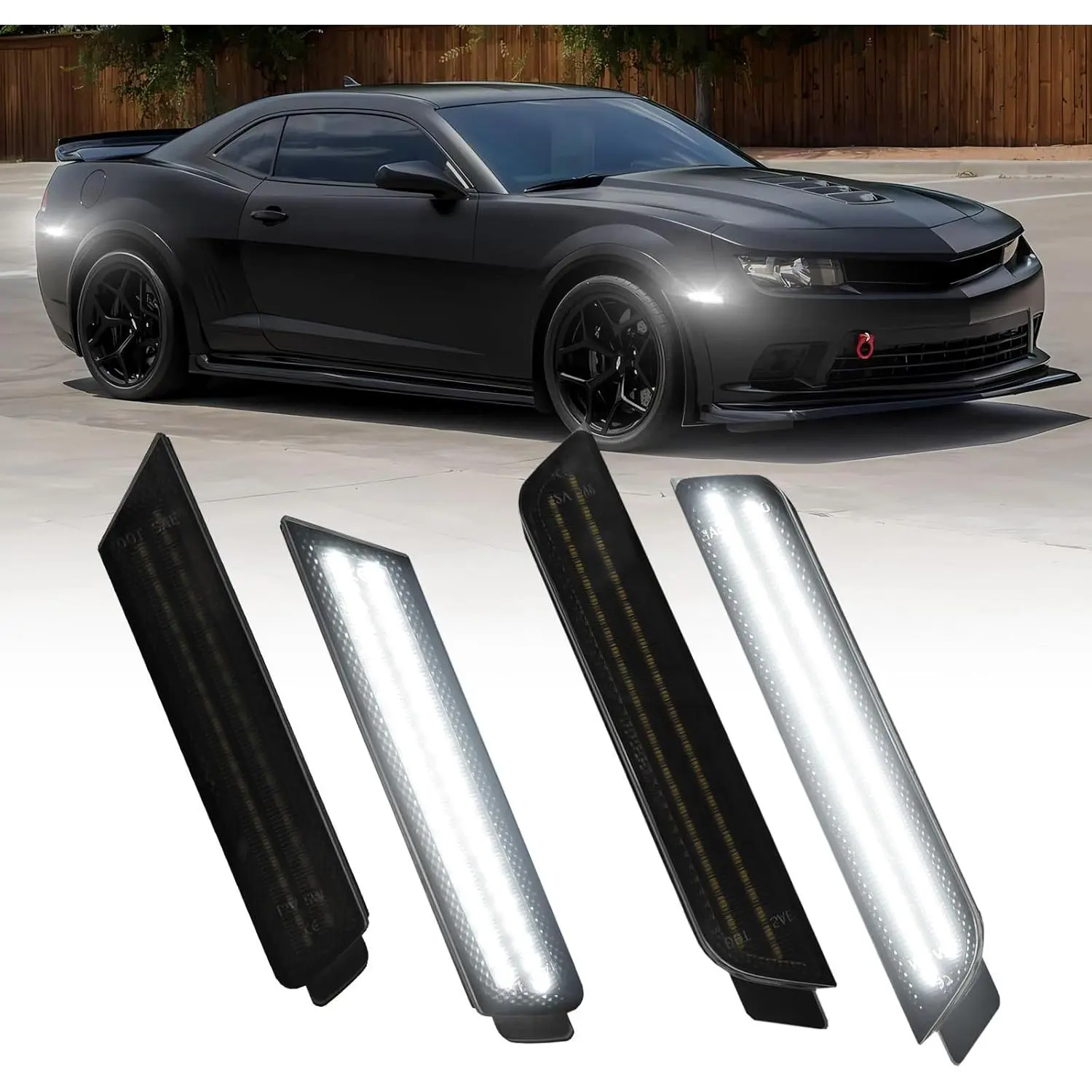 LED Side Marker Lights White Compatible With 5th Gen Chevrolet Camaro 2010-2015, Front & Rear Fender Side Markers, Smoked Lens Driver & Passenger Side Bumper Lights, 4PCS