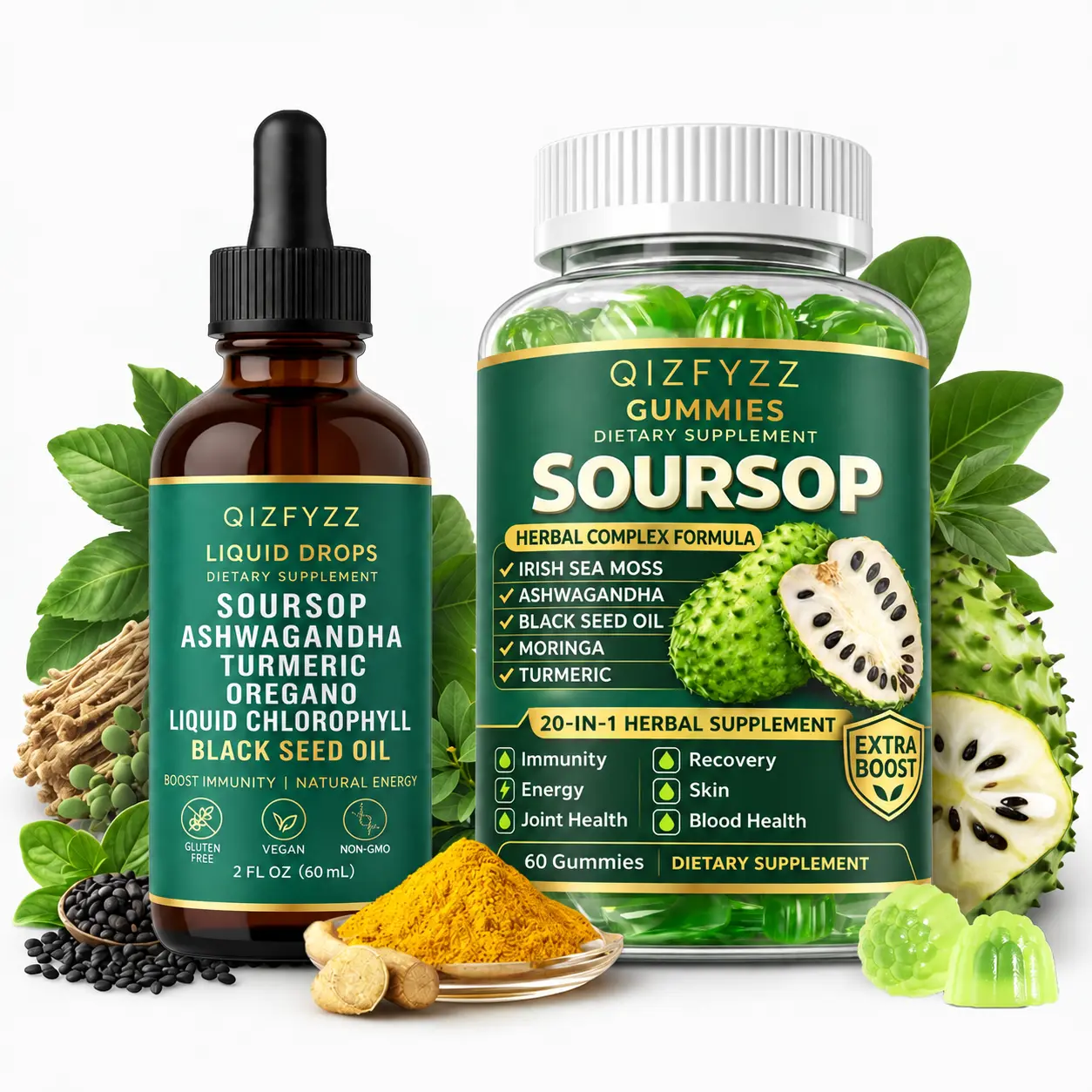 Natural Soursop Dual-Effect Dietary Supplement Stack - 8500mg/Serving Easy-Swallow Gummies + High-Potency Herbal Liquid Drops, 20-in-1 Vitamins & Botanical Extracts for Joint Health, Blood Pressure Control, High-Potency Support, Prop 65 Safe