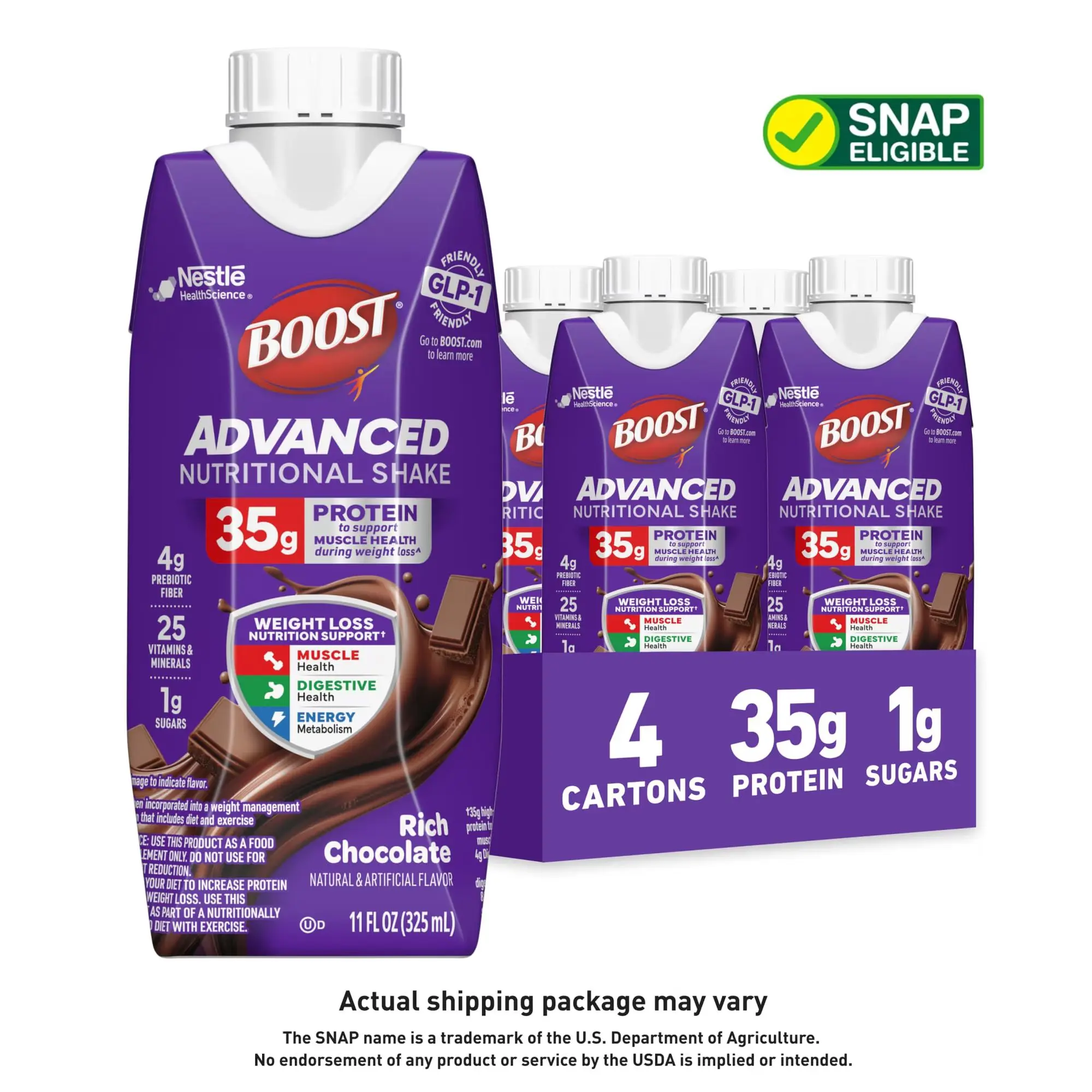 BOOST Advanced Nutritional Protein Shake, GLP-1 Friendly, Rich Chocolate, 4 - 11 fl oz Cartons