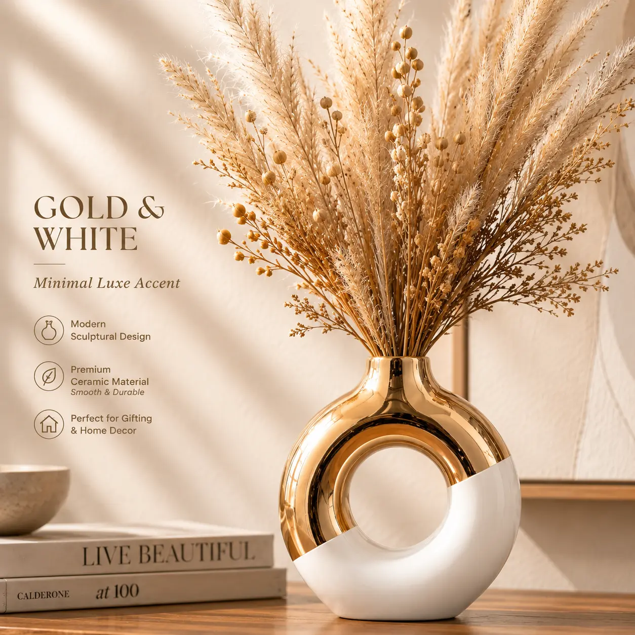 Platinum Ceramic Ellipse Decorative Vase - Plain, Modern, Bohemian, Minimalist Home Decor for Entryway, Living Room, Dried Flower & Reed Holder, Special Occasion Souvenir