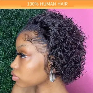 #Easter wig #Gift #Spring wig Short Curly Pixie Lace Front Wig 13X1 Human Hair Lace Front Wig Pre-Plucked, 180% Density Natural Black Soft glossy Lace Frontal Closure with Baby Hair Lace Frontal Closure with Baby Hairwoman girl daily party  summer style