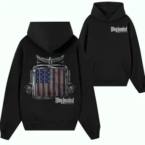 Stay Loaded Apparel Hoodie – Black American Flag Semi Truck Graphic Hoodie with Eagle Design, Patriotic Trucker Streetwear
