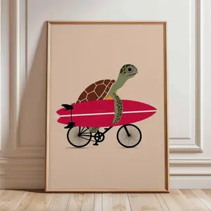 Surfing Turtle Poster Funny Ocean Animal Beach Wall Art Coastal Decor U