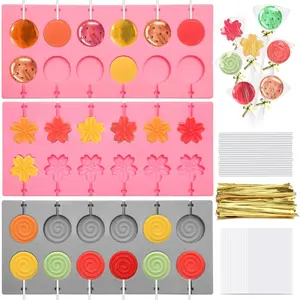 303Pcs Silicone Lollipop Molds Kit Non-Stick Lollipop Candy Molds for Chocolate 3D Flower Silicone Mold for Hard Candy with 100P Sticks 100P Candy Bags 100P Ties