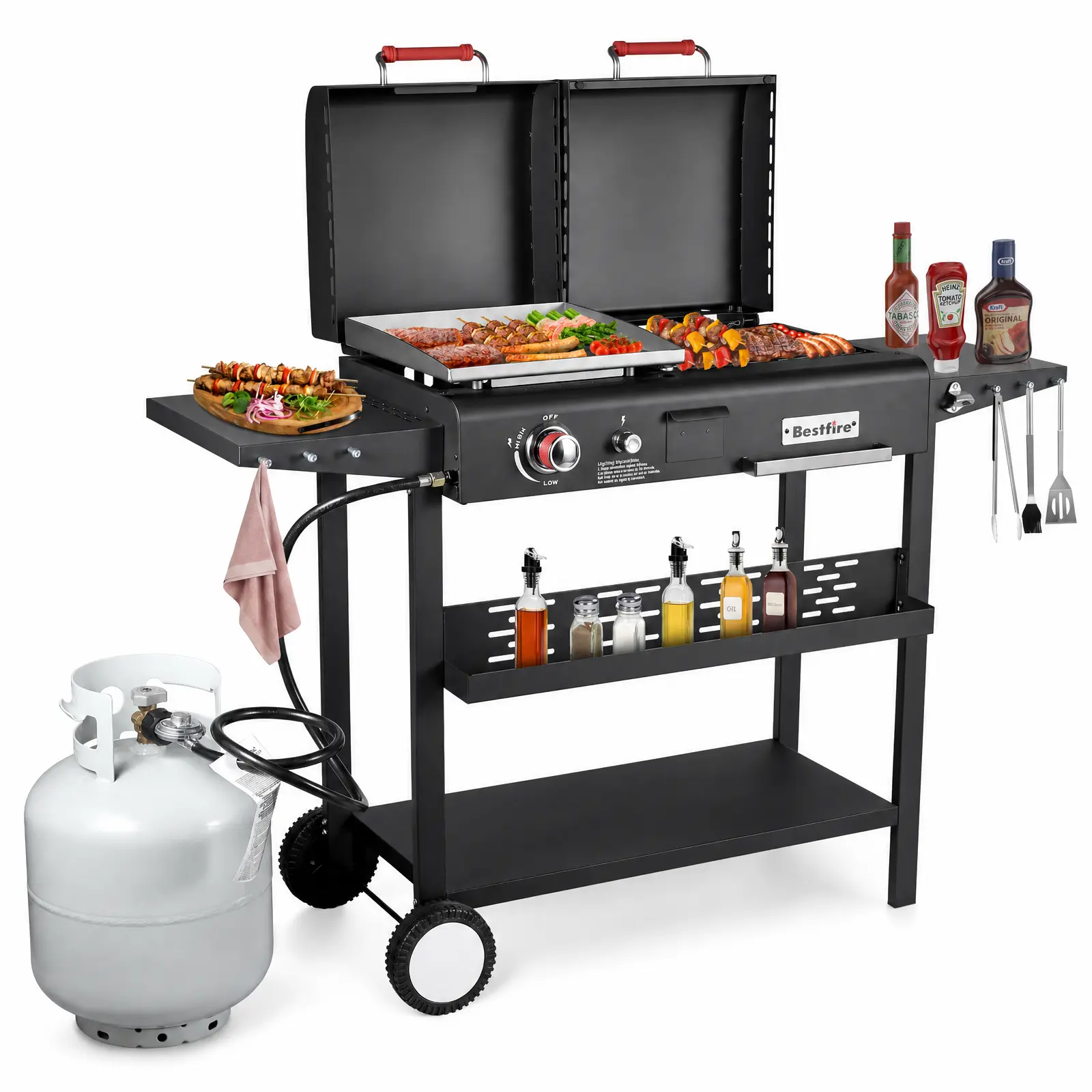 Bestfire Portable Dual-Fuel Propane & Charcoal Combo Grill - Sturdy, Compact 327 Sq In Stainless Steel BBQ with Cast Iron Griddle Top, 2 Side Shelves, Handles, Lock for Outdoor Camping, Tailgating (Portable Kitchen Cooker)