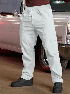 Men's loose-fit white drawstring pants, lightweight everyday trousers with pockets, suitable for work commutes, walks, and weekend casual wear  Beige Menswear Jackets Big Straight Plain work holiday party outfit mens pants