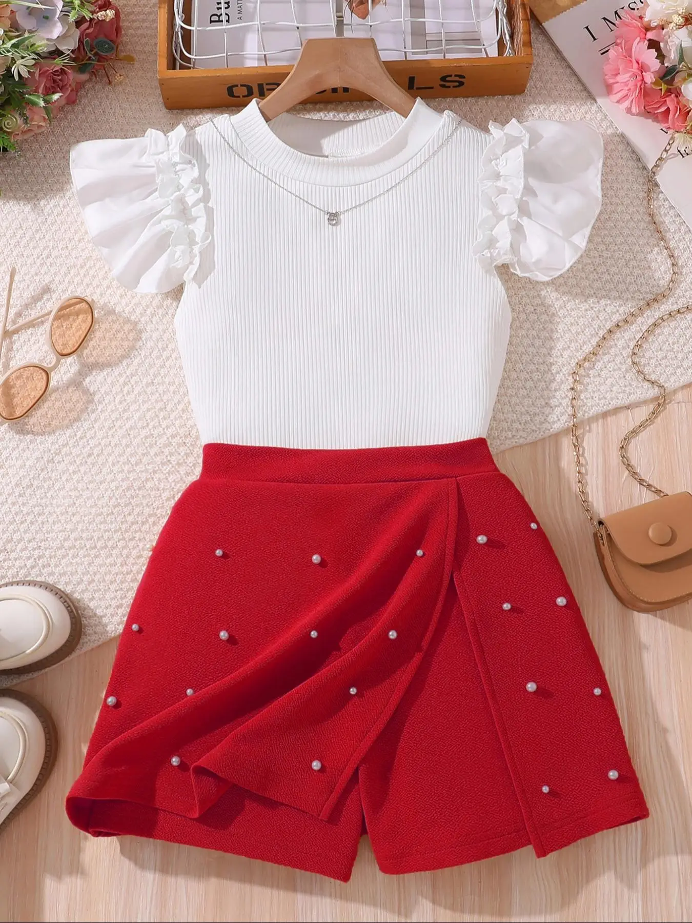 Girl's Ruffle Trim Top & Pearl Decor Skort Two-piece Set, Elegant Fashion Casual Round Neck Top & Skort for Daily Outdoor Wear, Kids Clothing for Summ