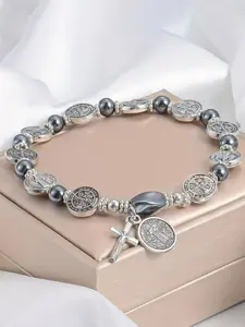 Vintage Agate Beaded Exquisite High Quality Bracelet, Handmade Elastic String, Fashion Casual Unisex Jewelry, Cross Pendant Charm