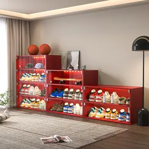 RGB LED Red Glass Door Stackable Shoe Box Holds 6 Pairs Sneakers 2/3 Tier Modern Shoe Storage Display Organizer for Sneaker Collection Light Cabinet