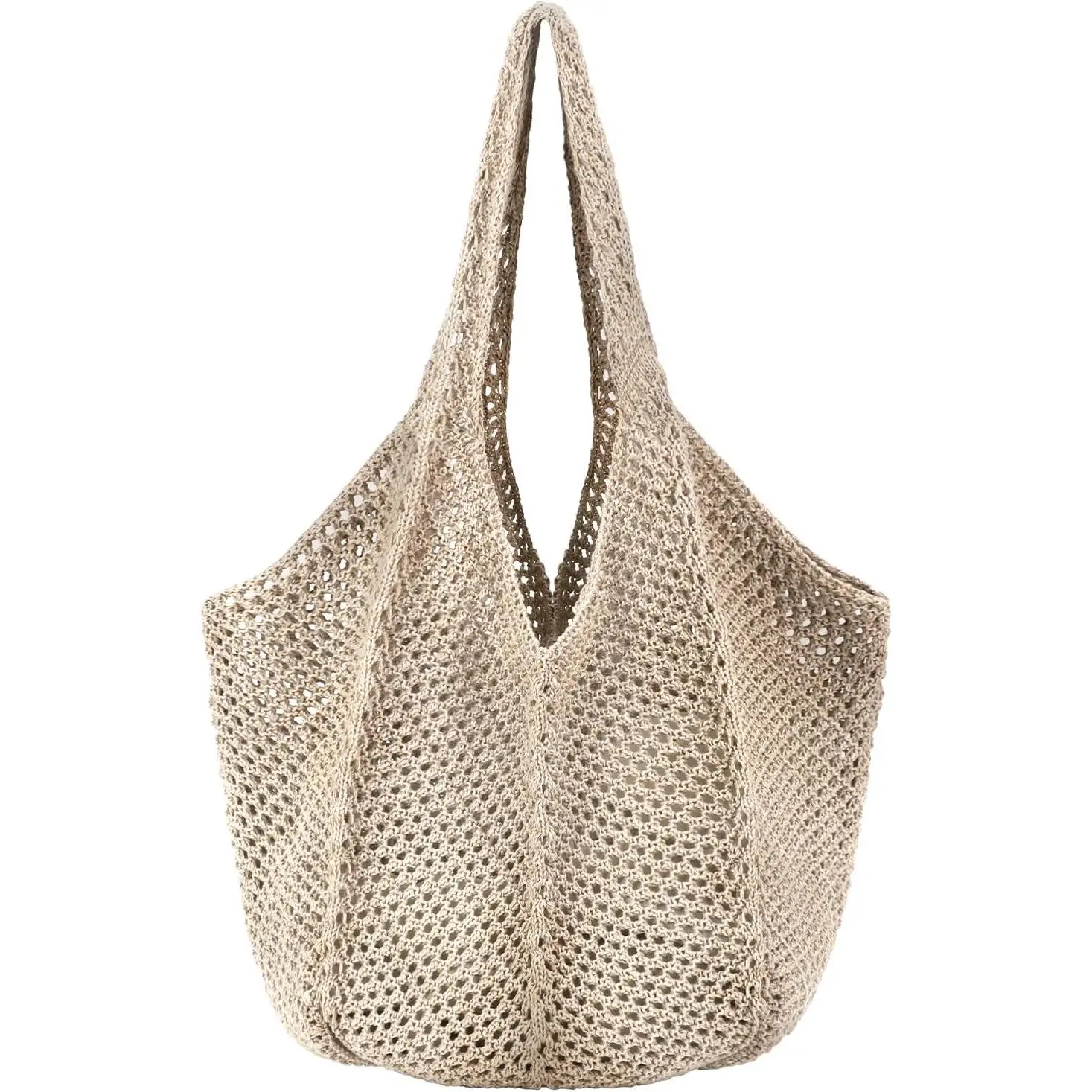 Crochet Mesh Beach Tote Bag for Women - Retro Hobo Knitted Shoulder Bag, Woven Handmade Summer Purse with Long Adjustable Strap, Boho Chic Large Capacity Tote Grommet Eyelet Tote Casual Commuter Bag