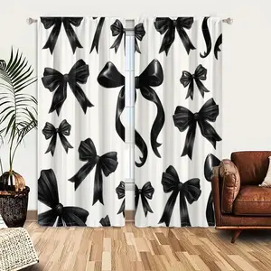 2pcs Window Curtains, Seamless pattern of black bows and ribbons in various styles and sizes on a light background. Elegant and classic. Home Decoration Curtain, Window Drapes for Bedroom Living Room, Rod Pocket Window Treatment