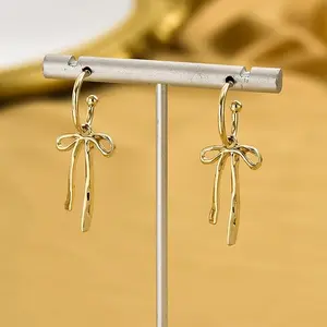 Gold Bow Ribbon Hoop Earrings - Minimalist Drop Jewelry Style, High Fashion Cocktail Accessory for Date Night, Party, Jewelry Style Earrings, High Fashion Earrings