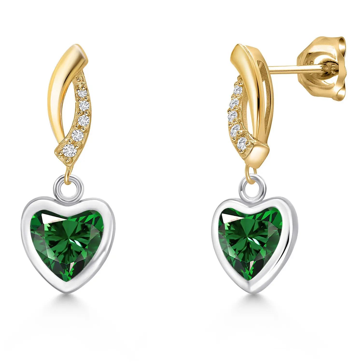 925 Silver and 10K Yellow Gold Green Nano Emerald and Lab Grown Diamond Dangle Earrings for Women | 1.45 Cttw | Gemstone May Birthstone | Heart Shape 6MM