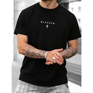 Men's Cross & Letter Print Round Neck Tee, Casual Street Short Sleeve T-shirt for Summer, Men's Top for Daily Wear classic  rock  tee moon  rocks