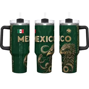 40oz  Stainless Steel Insulated Travel Tumbler with Handle - Mexico Golden Eagle Snake National Emblem