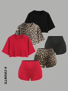 Women's Plain/Leopard Print Top & Shorts Set, Casual Round Neck Top & Skinny Shorts for Daily Wear, Ladies Summer Clothes