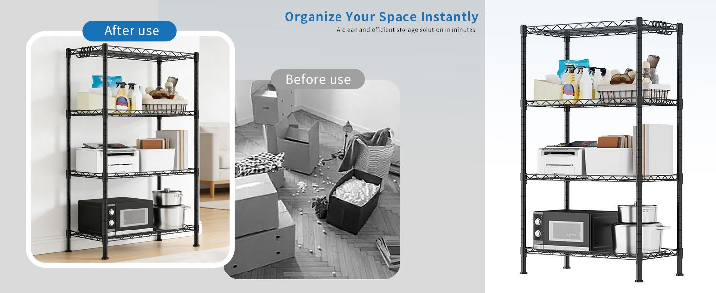 4-Tier Heavy Duty Wire Shelving Unit – 23.6"L x 13.8"W x 40"H, Black Metal Shelf , Adjustable Storage Rack for Laundry, Bathroom, Kitchen, Garage