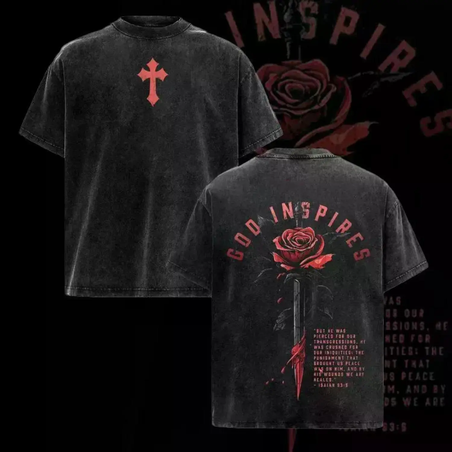 Vintage Washed God-Inspired Rose Sword Hoodie & T-Shirt for Men, Oversized Workout Pump Cover, Christian Gym Apparel with Isaiah 53:5 Verse, Faith Athletic Graphic Tee Crewneck Streetwear