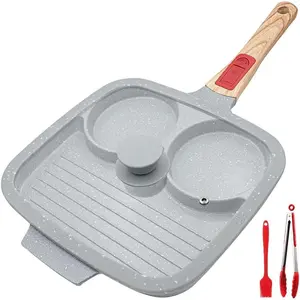 Ceramic Egg Pan with Lid, 10 in Nonstick 3 Section Divided Grill Pan with Detachable Handle, Fried Egg Pan - Blue