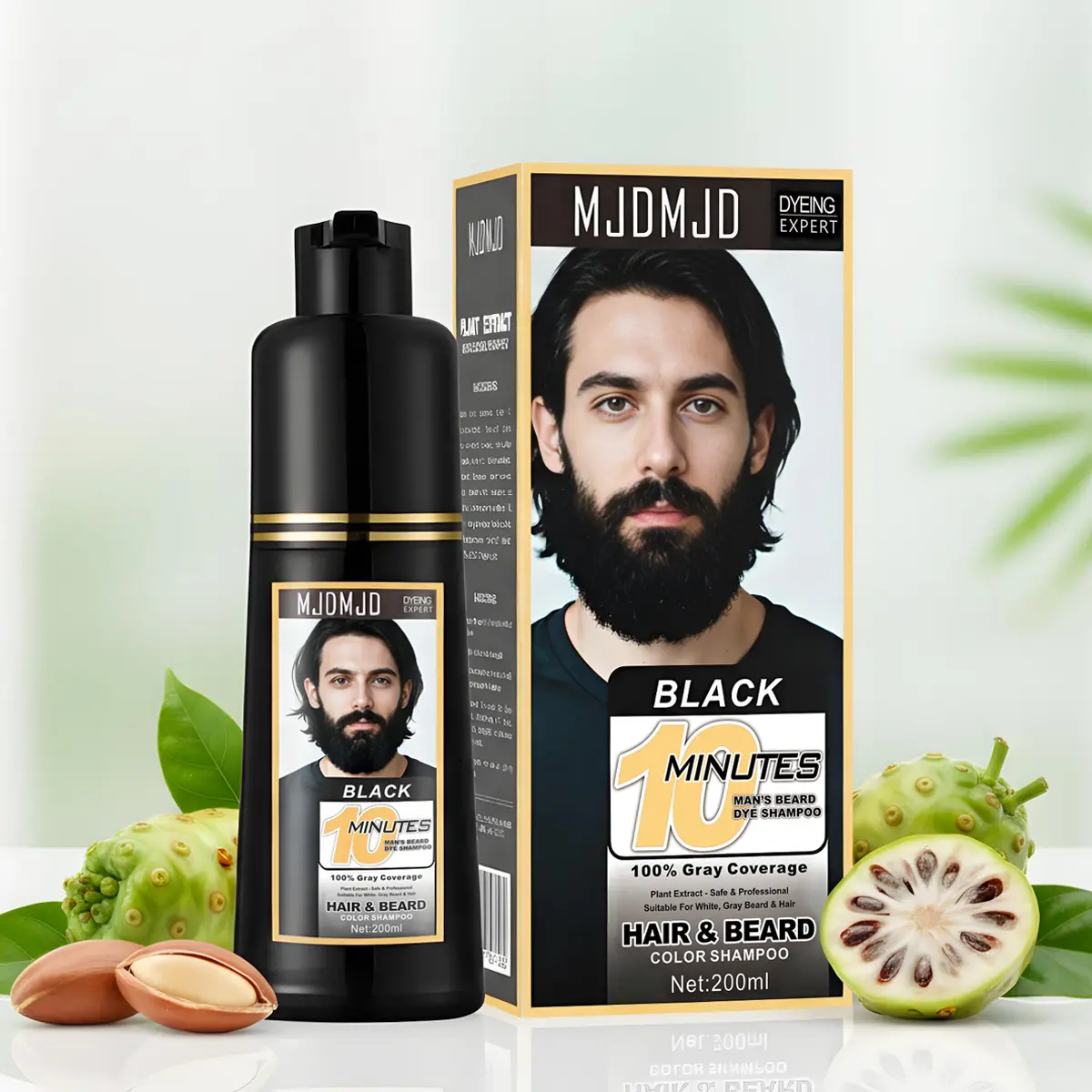 MJDMD Men's Beard & Mustache Dye Shampoo 100% Gray Coverage 3 in 1 Black Beard Color Shampoo for Men 200ML Easy to Use Dermatologist Tested Gifts for Men Dad