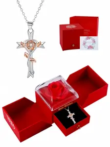 Cross Rose Glow · Dual Charm Niche original rose cross gem necklace, elegant and stylish.Comes with a surprise double-door preserved rose jewelry gift box.Ideal gift for birthdays, Mother’s Day and Valentine’s Day.