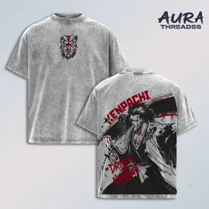 Kenpachi Zaraki Bleach washed T-shirt, distressed vintage anime tee, captain Zaraki graphic shirt, streetwear hype style, soft cotton oversized fit, otaku apparel, manga inspired design, trendy anime clothing