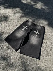 American Vintage Cross Embroidered Jeans Shorts, Y2K Streetwear, Wide Leg Five-Pocket Pants, Loose Fit Unlined Denim Bottoms