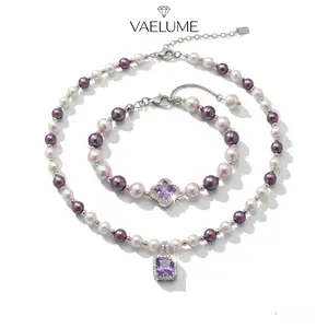 VAELUME Original Real Freshwater Pearl Purple Zircon Necklace & Bracelet, 5A VVS Amethyst Color Stone, Perfect for Daily Wear, Anniversaries,Birthday Gift for Women and Girls #B18841