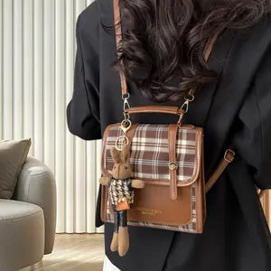 Fashion Crossbody Bag Lightweight Backpack Bag Plaid Pattern Satchel,Retro  Purses Handbags,with Bunny Doll Pendant