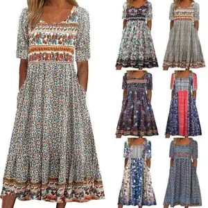 Women’s Round-Neck Short-Sleeve Casual Bohemian Print Blue Maxi Dress (New for 2024)