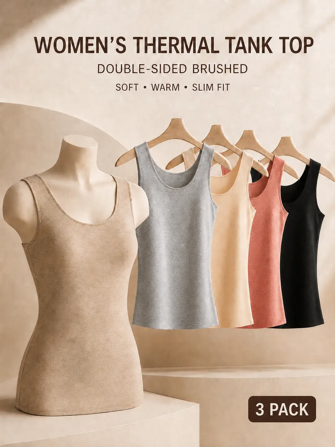 Women's 3-Pack Thermal Tank Tops - Double-Sided Brushed Fabric, Sleeveless Base Layer, Soft Stretch Scoop Neck, Slim Fit Wide-Strap Undershirts for Winter Layering, Daily Wear, Free Shipping