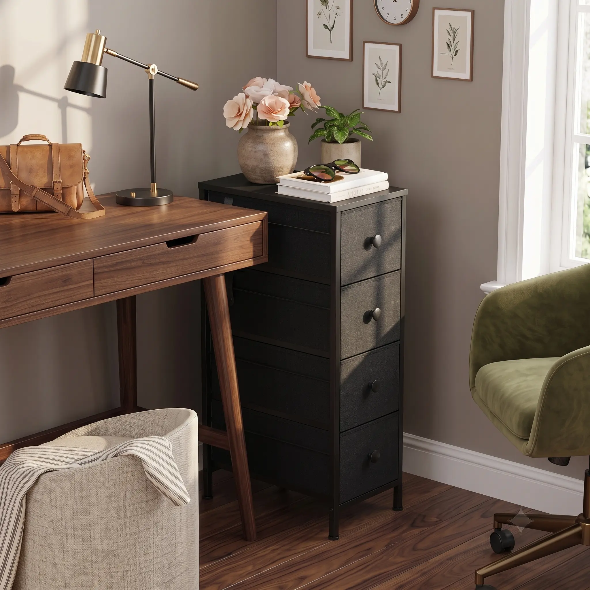 4-Drawer Narrow Slim Fabric Dresser with Wooden Top, Vertical Storage Tower with Sturdy Frame & Adjustable Shelves, Faux Leather Skinny Cabinet for Small Spaces Bedroom, Bathroom cupboard room office drawer
