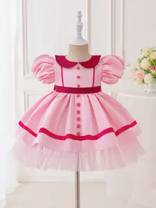 6M-3Y Pink 01 Anniversary Baby Girls Clothes Infant Birthday Cocktail Puff Sleeve Bow Mesh Ball Gown Dress Toddler Pageant Newborn Ball Gown Princess Baptism Frock