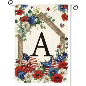 A Patriotic Garden Flag Featuring an Initial Letter A Monogram 12X18 Inches, Double-Sided for Outdoor Use, Perfect for Memorial Day And The 4Th of July, Designed As a Floral Family Name Yard Decoration, Linen Material, No Flagpole