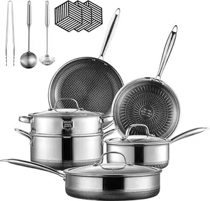 Hybrid Stainless Steel Pots and Pans Set, 15 Piece Tri-play Nonstick Cookware Sets Non-toxic Frying Pans, Saucepans, Saute Pan with Tempered Glass Lids, Stay-Cool Handles Induction, Oven, Dishwasher