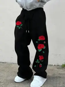 Men's Casual Sporty Long Pants, Casual Streetwear Trousers, Rose Pattern Print, Drawstring Wide Leg, Loose Fit, All Seasons, Graphic Style