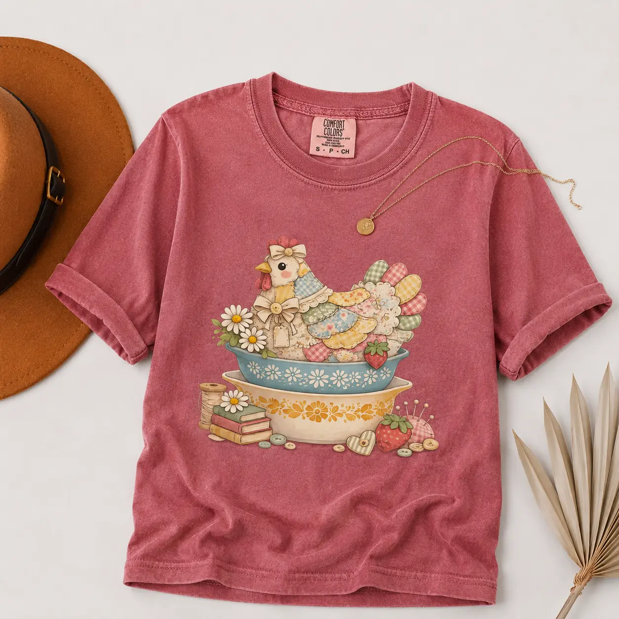 Patchwork Vintage Chicken Pyrex Inspired T-Shirt, Comfort Colors Quilted Hen on Nest, Grandma Core Vintage Kitchenware Shirt, Printed Shirt - TrendWear USA