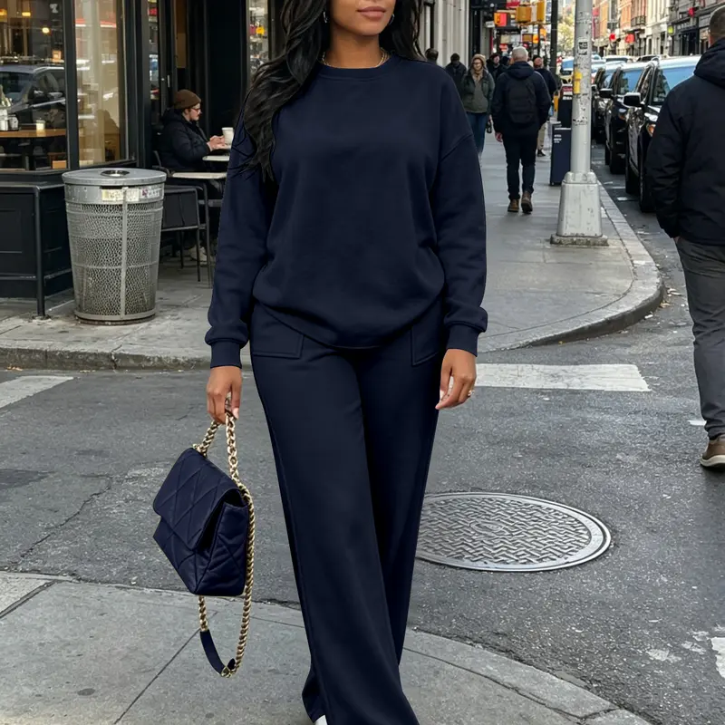 USBOUTIQUE CHIC Women's 2026 Fall Oversized Two Piece Set Long Sleeve Top & Drawstring Pants Lounge Outfit Relaxed Fit Stretchy Fabric Coordinated Style