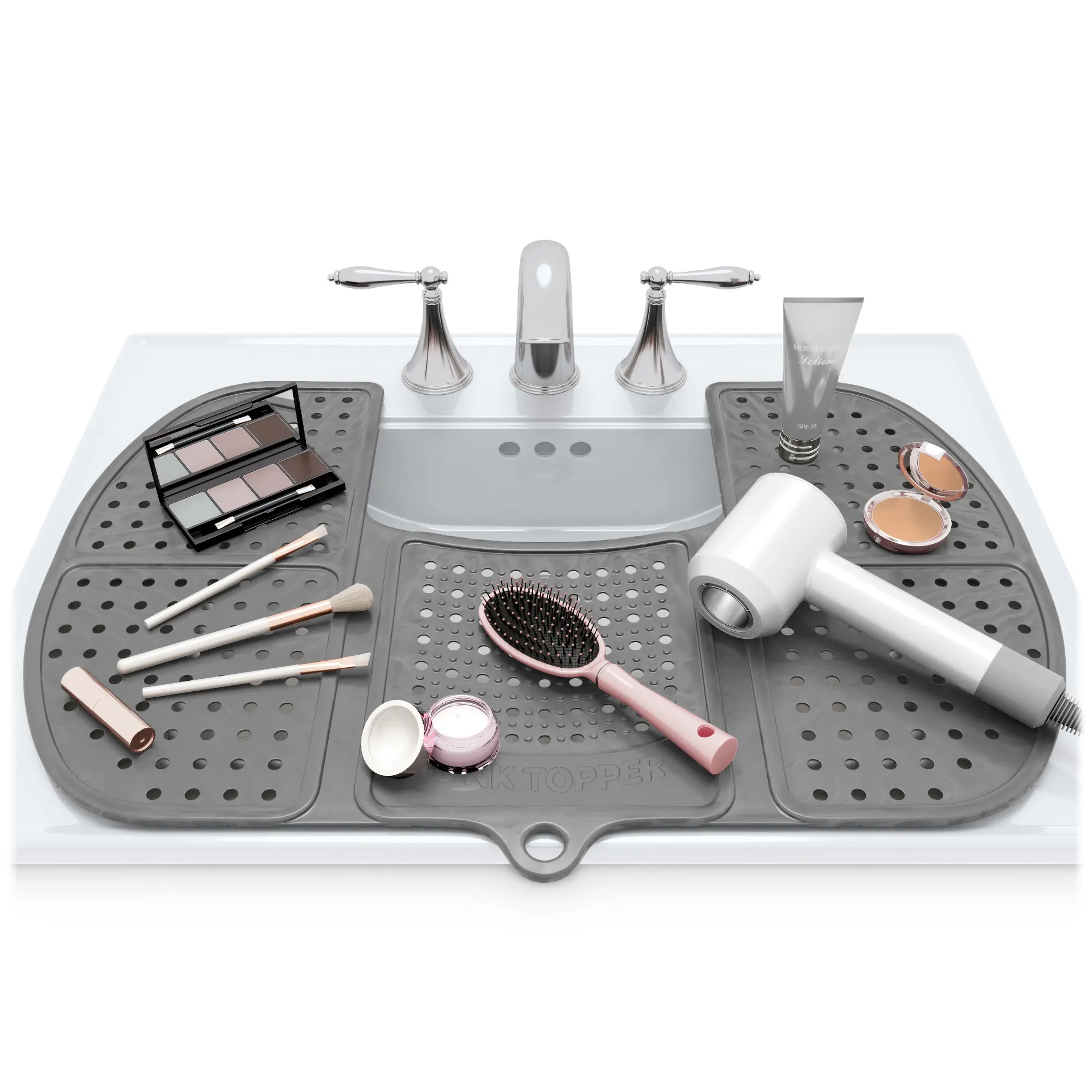 Sink Topper Foldable Sink Cover - Silicone Beauty Makeup Brush Cleaning Mat - Vanity Tools Organizer - Bathroom Must Have Accessory for Extra Space & Storage Saver - Cleaner Pad - Large, Silver