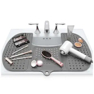 Sink Topper Foldable Sink Cover - Silicone Beauty Makeup Brush Cleaning Mat - Vanity Tools Organizer - Bathroom Must Have Accessory for Extra Space & Storage Saver - Cleaner Pad - Large, Silver