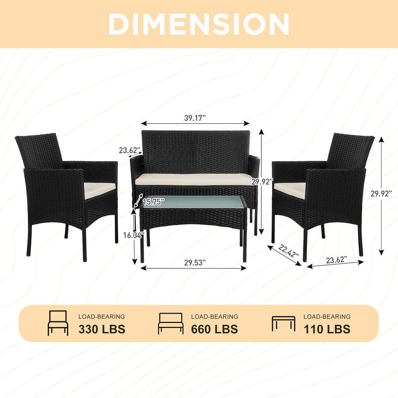4 Piece Outdoor Wicker Patio Conversation Furniture Set, Rattan Chair Wicker Sofa Garden Conversation Sets with Cushion and Glass Table for Yard Pool or Backyard