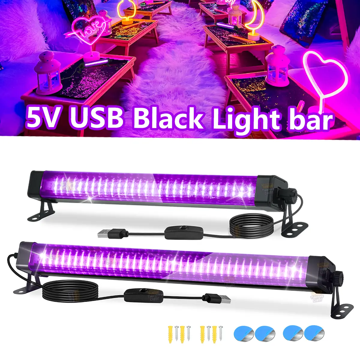 OYCIJE 20W 60LED(33cm)/80LED(43cm) UV Black Light Bar, Blacklight with USB Plug+Switch+100cm Cord, Black Lights for Neon Glow Party, Fluorescent Poster, Body Paint, Birthday, Bedroom, Halloween, Christmas, Adjustable light angle 360°