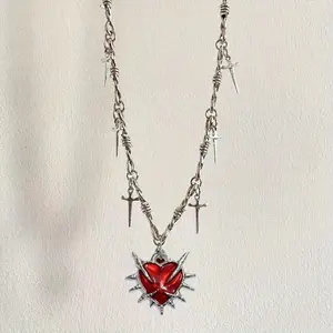 Dark Heart Sword Thorn Necklace - Gothic Elegant Alloy Chain With Red Gemsne Accent, Lightweight Summer For Valentine'S Day, Parties & Vacations.