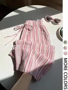 1 Piece Lightweight Striped Wide Leg Pants for Summer Casual Wear Womenswear Bottom