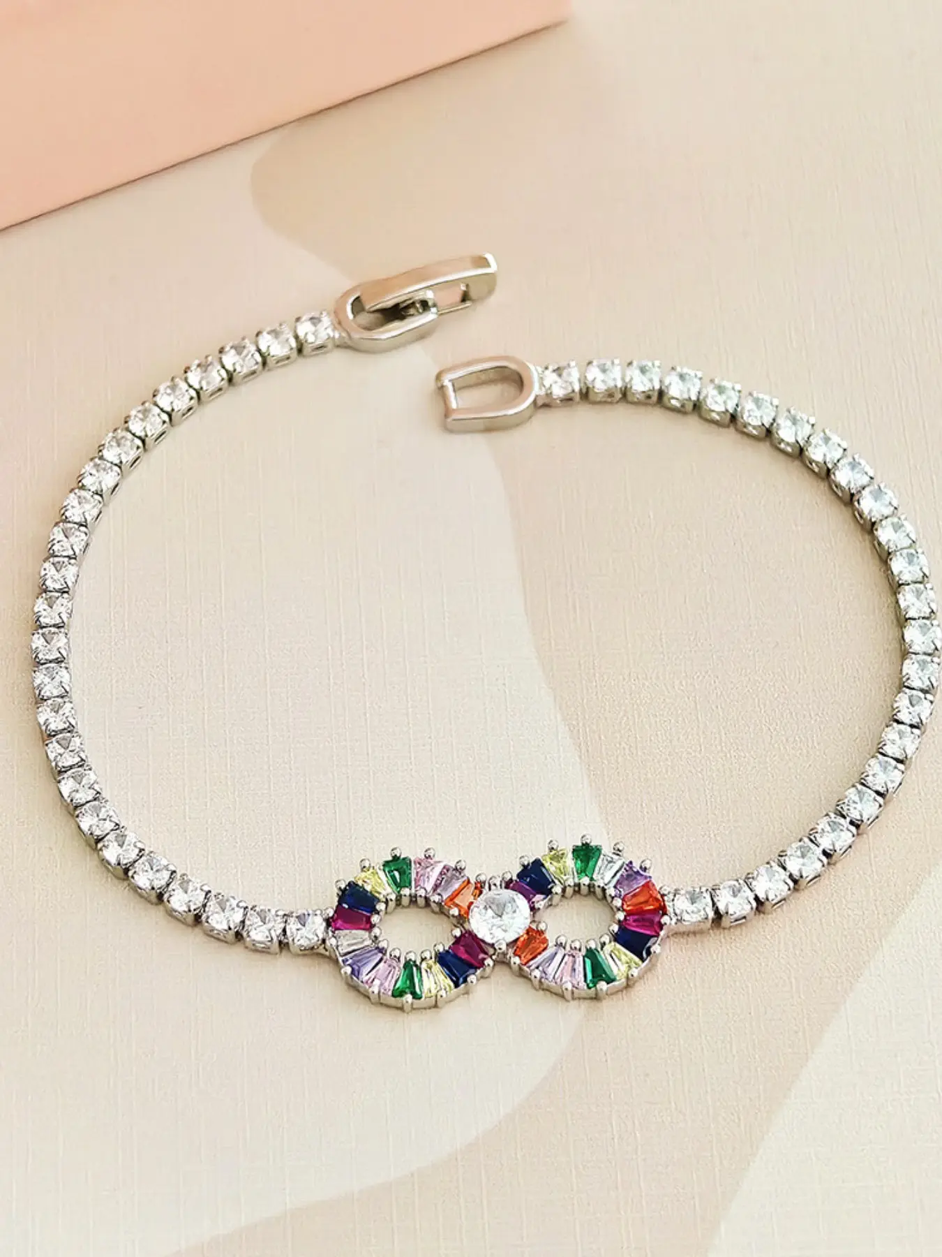 Hip Hop Full Rhinestone Rainbow Double Circle Bracelet, Luxurious Sparkle, Perfect for Daily Wear/parties, Vintage Fashion Jewelry